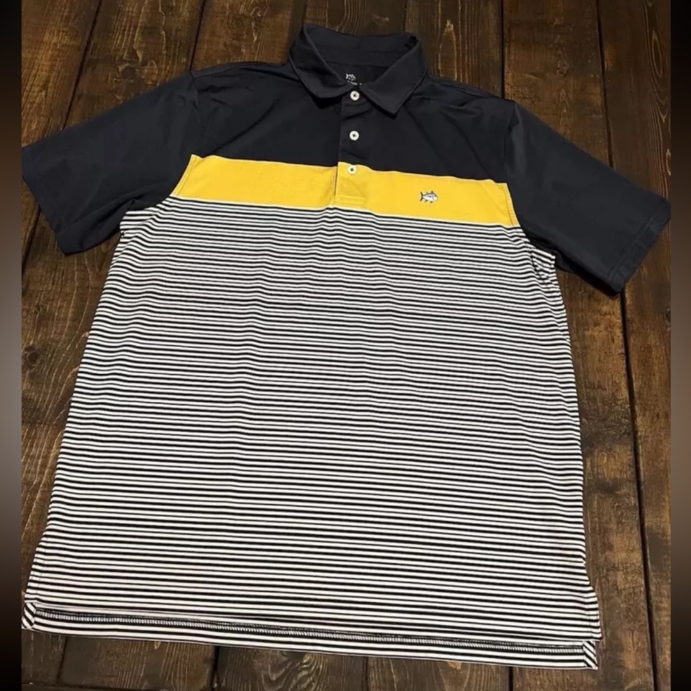 Southern Tide Polo Shirt MENS Large Golf Casual Stripe Navy Yellow Stripe